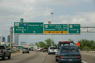 The split between US 59 South, US 59 North, Chenevert Street, and IH 45. SH 288 continues to IH 45 after this split, but the majority of traffic takes US 59 North from here.