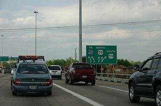 This lane diagram shows the rather complicated interchange that begins with SH 288 and includes the IH 45/US 59 stack.