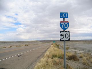 I-70/U.S. 50 shield assembly posted on U.S./191 south. U.S. 50 overlaps with Interstate 70 from Salina (Exit 56) to Grand Junction, Colorado.