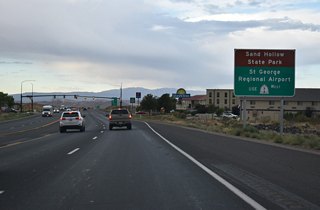 SR 7 west joins SR 9 (W State Street) with Sand Hollow State Park which encircles Sand Hallow Reservoir, and with St. George Regional Airport (SGU) located off Airport Parkway.
