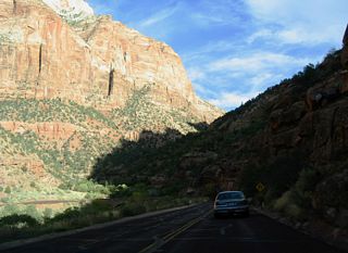 Zion-Mount Carmel Highway crosses Pine Creek to the south of Mount Spry and turns west to Zion Canyon Scenic Drive.