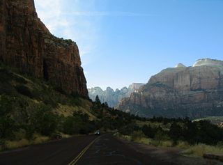 West from the Zion-Mount Carmel Tunnel, Zion-Mount Carmel Highway lowers 1,000 feet in elevation through a series of switchbacks to Zion Canyon.