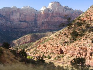 The Sentinel and Bee Hive Peak rise west of Zion Canyon and the North Fork of the Virgin River.
