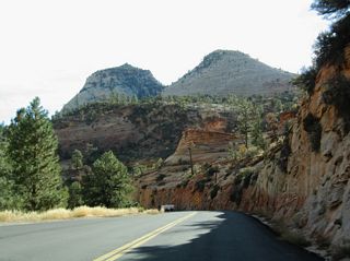 SR 9 passes by several sandstone rock formations en route to Zion Valley.