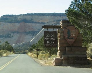Utah 9 comes to its route break here, as the highway enters Zion National Park. This is the last chance to turn around before paying the park entry fee per vehicle.