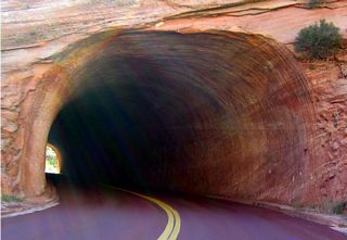 The first tunnel in Zion along westbound is a teaser compared to the main tunnel that passes under Bridge Mountain. At least with this tunnel, motorists can see end to end without difficulty. The same cannot be said for the curving Zion-Mount Carmel Tunnel.