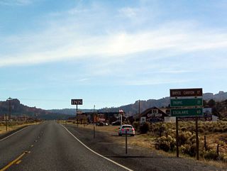 Mileage sign along eastbound Utah 12 in Bryce Canyon Junction. A couple of motels and restaurants are located here, and they are conveniently located near the intersection between Utah 12 and U.S. 89, making the area easily accessible to attractions along either of these roads or even Utah 14.