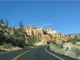 As Utah 12 rises above the Paria River Valley, it encounters rock formations such as these that are reminiscent of the hoodoo rock formations in Bryce Canyon.