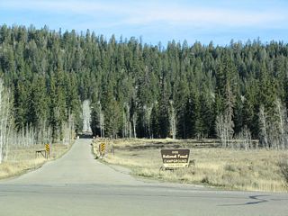 View of the entrance to the Duck Creek campground, which is located near a cluster of seasonal cottages and cabins that constitute the closest thing to a settlement along Utah 14 between Cedar City and Long Valley Junction.