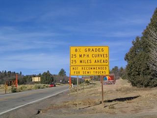 Westbound Utah 14 is a treacherous route over the Markagunt Plateau, with steep inclines (8%) and tight curves, especially on the descent into Cedar City.