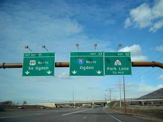 Northbound Utah 67 (Legacy Parkway) Exit 11, U.S. 89 north to South Ogden. The two left lanes connect to Exit 11, while the right two lanes connect to Exit 12, Utah 225 (Park Lane) and Exit 13, Interstate 15 north to Ogden and Pocatello.