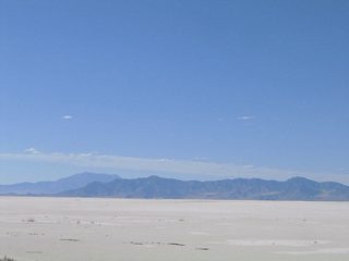 The Silver Island Mountains rise to the northwest of Bonneville Salt Flats International Speedway. Beyond there is the Pilot Range along the state line.