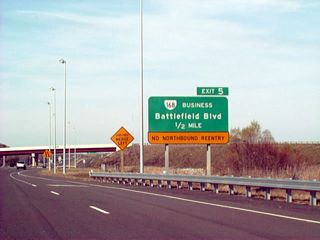 SR 168 Business (Battlefield Boulevard) and SR 168 (Chesapeake Expressway) converge at a half diamond interchange (Exit 5) north of Indian Creek Road.
