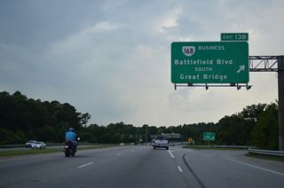 Exit 13B loops onto SR 168 Business (Battlefield Boulevard) south to SR 190 (Great Bridge Road) west at Oak Grove and back into Great Bridge.