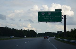 Exit 13B links SR 168 (Oak Grove Connector) south with parallel SR 190 (Great Bridge Boulevard) west of SR 168 Business (Battlefield Boulevard) at Oak Grove.
