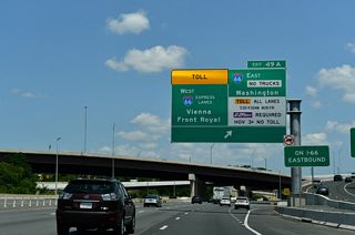 Interstate 66 winds east with four overall lanes by Falls Church to Rosslyn. Westbound expands to six lanes (two HOV) between Vienna and Fairfax.