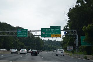 I-495 south enters Fairfax County over the south banks of the Potomac River. The trumpet interchange with George Washington Memorial Parkway lies nearby, followed by a diamond interchange with SR 193 (Georgetown Pike). Washington Parkway ventures southeast to Arlington County, Rosslyn and Reagan National Airport. Georgetown Pike takes an easterly route to Langley and SR 123 (Chain Bridge Road).