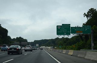 George Washington Parkway travelers depart Interstate 495 south after the Potomac River bridge. The National Park Service maintained facility generally follows the Potomac southward to Arlington, Alexandria, and Mt. Vernon.