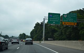 Exit 44 departs the Capital Beltway as the c/d roadway from Exit 43 returns. SR 193 (Georgetown Pike) westbound leads to Fairview. SR 686 (Balls Hill Road) stems south from Georgetown Pike nearby to McLean.