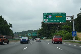 Interchange sequence sign listing the Dulles Access & Toll Roads (Exit 45) and SR 123 (Exit 46). The Dulles Access Road (Hirst Brault Expressway) provides the movement from I-495 south to Interstate 66 east.