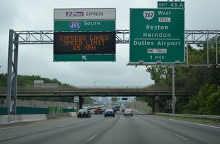 Exit 45A departs the mainline after the split with the I-495 Express Lanes for SR 267 (Dulles Airport & Toll Road) west. Dulles Access Road constitutes a direct and uninterrupted freeway between I-66 and Washington Dulles International Airport (IAD). SR 267 utilizes the parallel Toll Road alongside the Access Road to Loudon County.