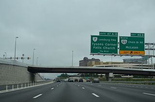 SR 123 (Chain Bridge Road) travels north from Exit 46B into McLean while meeting the Dulles Access Road nearby. The state route follows Dolley Madison Boulevard east to Langley and SR 193 (Old Georgetown Pike).