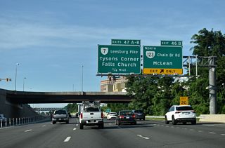 SR 123 (Chain Bridge Road) travels north from Exit 46 B into McLean while meeting the Dulles Access Road nearby. The state route follows Dolley Madison Boulevard east to Langley and SR 193 (Old Georgetown Pike).