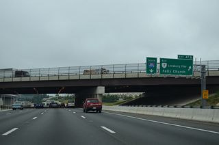 A c/d roadway separates for SR 7 (Leesburg Pike) from Interstate 495 south. Leesburg Pike consists of a busy arterial route southeast from Tysons Corner into the independent city of Falls Church.