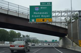 Exit 49 provides access to I-66 west only as SR 267 east already served the eastbound movement to D.C. Interstate 66 travels 76 miles overall between Washington and I-81 near Front Royal.