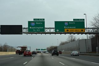 Exit 57A expands into a three lane off-ramp for Interstate 95 south to Lorton, Dale City and Woodbridge.