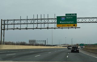 Exit 57B follows on the I-495 mainline as a two lane flyover for Interstate 395 north. I-395 travels 9.91 miles to Washington and 13.39 miles overall.