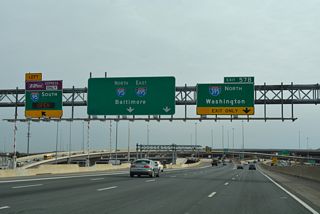 The left exit for the I-95 Express Lanes departs simultaneously with Exit 57B for I-395 north. I-95/495 combine from Springfield east to the Woodrow Wilson Bridge into Prince Georges County, Maryland.