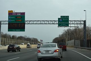 Interstate 495 continues with six southbound lanes to the multi level interchange with I-95 south and I-395 north. The Express Lanes for I-95/395 flows north during the morning peak hours and south during the evening peak hours.