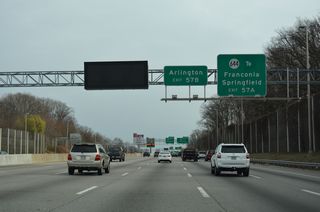 Interstate 395 north continues from western Alexandria to Arlington and the Pentagon before entering D.C. Exit 57A for I-95 south includes ramps for the adjacent interchange with SR 644 (Old Keene Mill Road west / Franconia Road east).