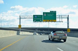 A lane drop occurs at Exit 169A from the distributor roadway (Exit 57A) for I-95 south for SR 644 (Franconia Road) east by the Springfield Town Center.