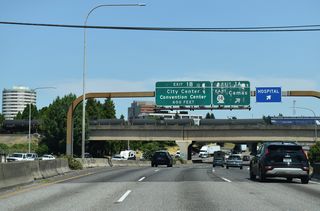 Exit 1 A to SR 14 (Lewis and Clark Freeway) departs just beyond the Interstate Bridge. The freeway parallels the Columbia River 12 miles east to city of Camas.