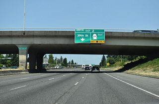 Ramps at the parclo interchange with E 39th Street tie into SR 500 at Exit 2. 39th Street is a minor arterial west to the Lincoln neighborhood and east to Rose Village.