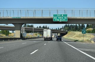 The ensuing exit from Interstate 5 north of the overlapping wye interchanges with Main Street / NE Highway 99 is for NE 78th Street in Hazel Dell.