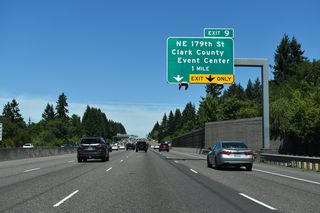 The north end of I-205, the eastern bypass through the Portland metropolitan area, converges with Interstate 5 at Salmon Creek. Four northbound lanes continue to Exit 9 with NE 179th Street.