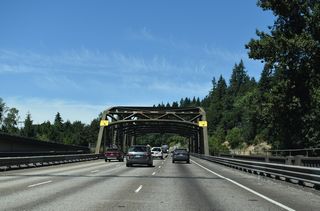 A steel truss span built in 1936 takes the northbound lanes of Interstate 5 across the East Fork of the Lewis River by Paradise Point. These truss spans are used in many places along I-5 in the Evergreen State.