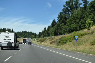 Advancing north from Kelso, Interstate 5 parallels Holcomb Road and passes Rocky Point along the Cowlitz River.