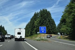 The Toutle River Rest Area lines both roadways of Interstate 5 in a woodland setting.