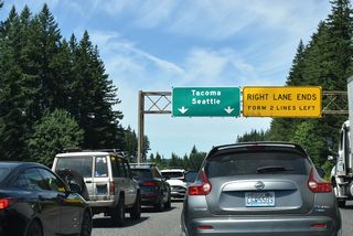 Northbound Interstate 5 maintains at least three general travel lanes north from I-205 at Salmon Creek. Past the Toutle River Rest Area, it narrows to two lanes.