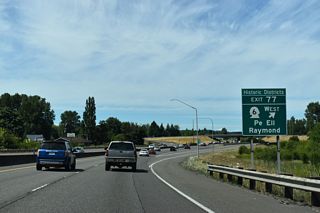 SR 6 travels 51.37 miles west from Exit 77 to the Washington coast, passing through Pe Ell and concluding at U.S. 101 in Raymond near the east end of Willapa Bay. East from I-5/U.S. 12, Main Street leads to the Chehalis city center.