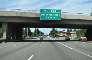 Interstate 5 runs alongside Capitol Boulevard (Old U.S. 99) north from Trosper Road 0.75 miles to Exit 103 for Deschutes Way.