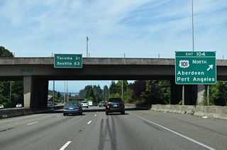 U.S. 101 (Olympic Loop Highway) travels north along the Olympic Peninsula toward Port Townsend (via SR 20) and west to Port Angeles and Olympic National Park. SR 8 branches west from U.S. 101 to U.S. 12 at Elma; U.S. 12 continues west from SR 8 to U.S. 101 at Aberdeen.