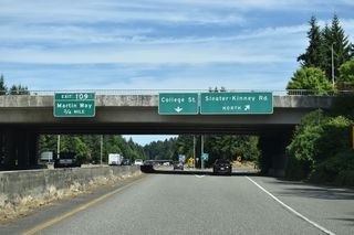 Sleater-Kinney Road north crosses the Olympia city north north from Exit 108 B to a commercialized intersection with Martin Way. 3rd Avenue SE extends east from the third ramp at Exit 108 to College Street. The Lacey Campus of South Puget Sound Community College lines Golf Club Road nearby.