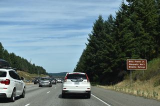 Interstate 5 enters the Nisqually Basin at the Bill Frank, Jr. Nisqually National Wildlife Refuge. Both the basin and the Nisqually River, which flows west through the basin to Puget Sound, are named after the Native American Nisqually Tribe.