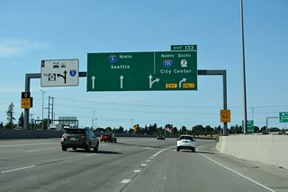 Two lanes depart for Exit 133 to I-705/SR 7 from within the exchange linking I-5/SR 16.