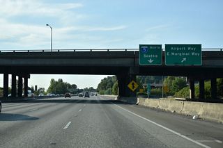 Paralleling I-5 to Interstate 90, Airport Way stems north from a trumpet interchange with S Boeing Access Road nearby to King County International Airport - Boeing Field (BFI).